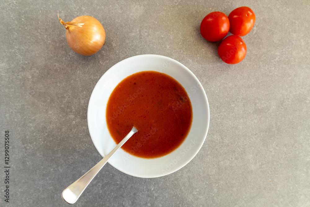 Homemade tomato soup in a white bowl with fresh tomatoes and onion. Homemade tomato soup in a white bowl with fresh tomatoes and onion.