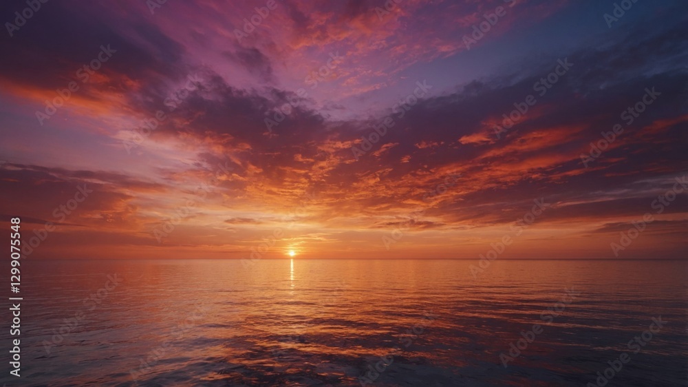 Obraz premium Breathtaking sunset over the ocean creates stunning bokeh with selective focus, showcasing vibrant colors and clouds against a tranquil water backdrop