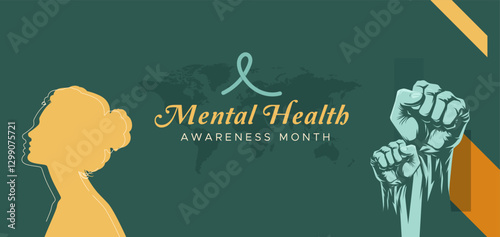 Mental Health Awareness Month, May. Featuring a woman vector element and hands clasped up in encouragement. Take care of your mental health and protect yourself from excessive depression.