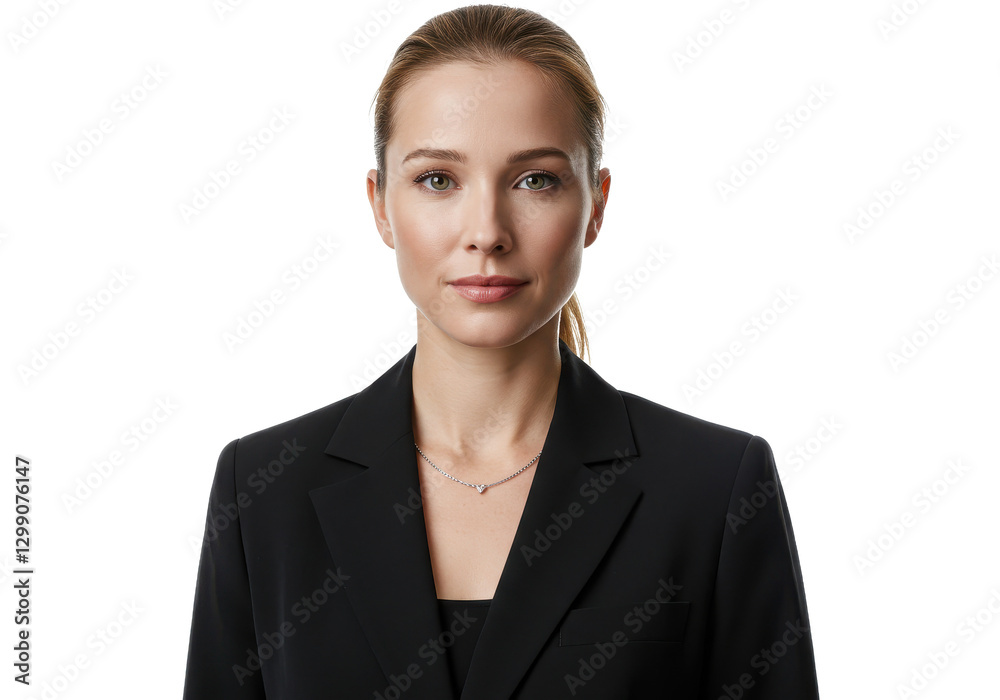 One businesswoman studio portrait looking at the camera isolated on White background One businesswoman studio portrait looking at the camera isolated on White background