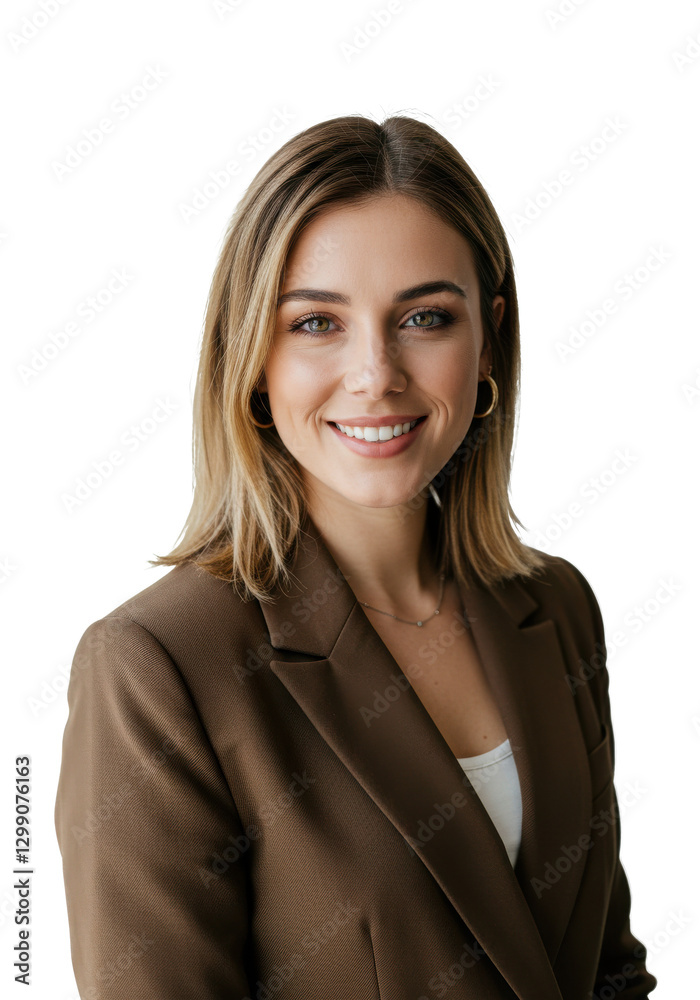 Portrait of smiling beautiful female CEO wearing brown blazer. Confident businesswoman is with hazel eyes White background Portrait of smiling beautiful female CEO wearing brown blazer. Confident businesswoman is with hazel eyes White background