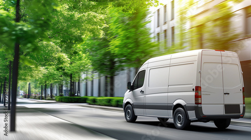 A sleek white van drives past tall green trees along a well-maintained city street, highlighting how modern transportation services are vital to the efficiency of urban cargo shipp photo