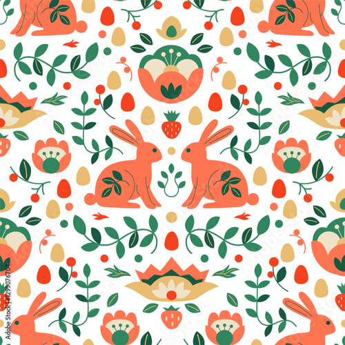 Easter scandi pattern with bunny, flowers and eggs. Hand-drawn vector illustration in flat style.