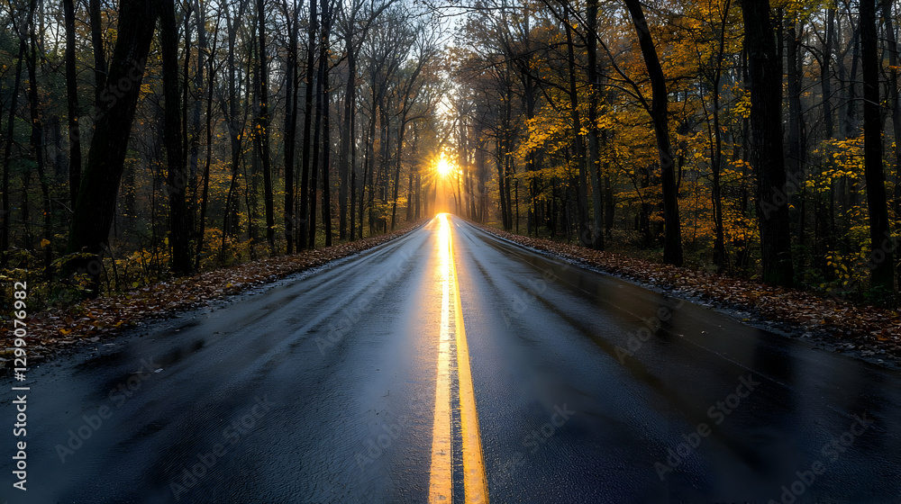 Sunlit Road Through Autumnal Forest With Golden Light and Tree Shadows Sunlit Road Through Autumnal Forest With Golden Light and Tree Shadows