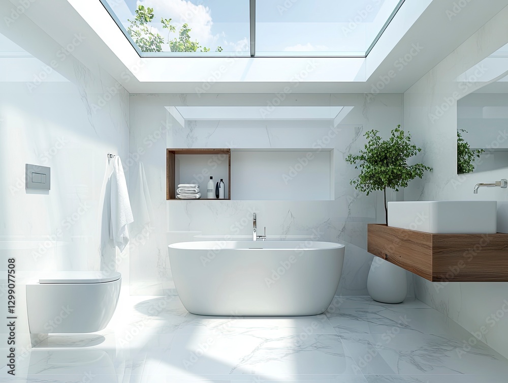 Fototapeta premium Modern, bright bathroom with a bathtub, toilet, and sink on the right side of the picture, and large skylight windows above the ceiling. White marble floor tiles. 