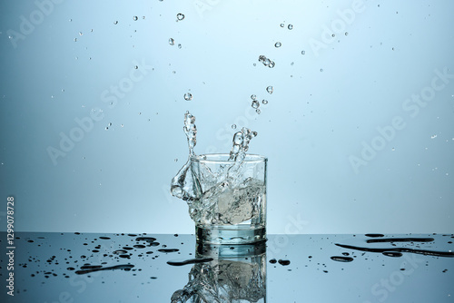 vaso de agua cayendo un hielo y haciendo un splash:
