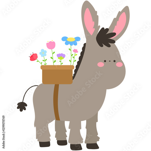 cute donkey carrying a basket of flowers on its back, charming farm animal flat vector illustration