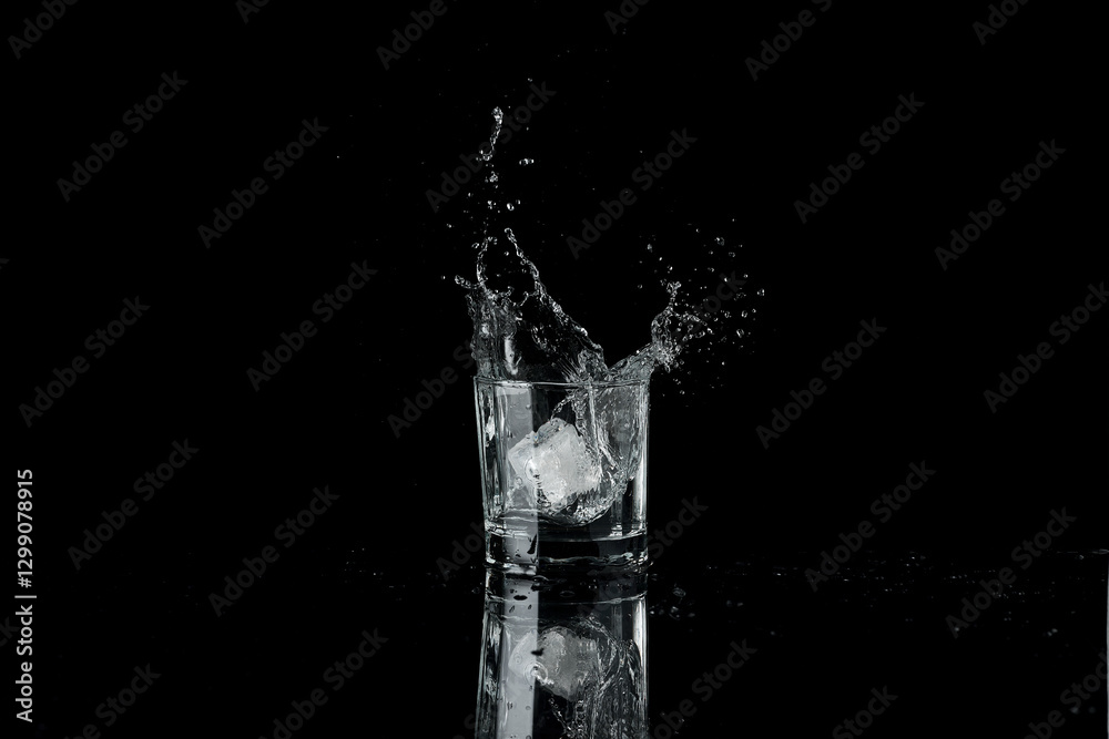 vaso de agua cayendo un hielo y haciendo un splash: vaso de agua cayendo un hielo y haciendo un splash: