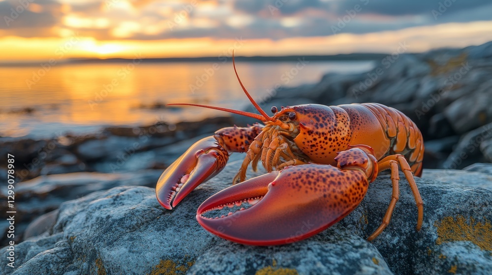 Colorful lobster perched on rocks by the ocean at sunset in a serene coastal environment Colorful lobster perched on rocks by the ocean at sunset in a serene coastal environment