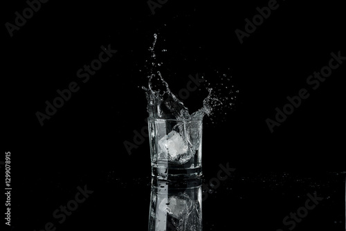 vaso de agua cayendo un hielo y haciendo un splash: