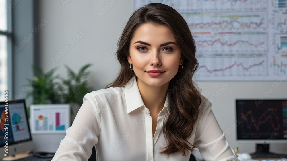 Confident Businesswoman Working with Charts, Graphs and Monitor Displays, Analytics Confident Businesswoman Working with Charts, Graphs and Monitor Displays, Analytics