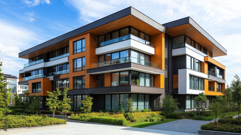 Modern residential building with clean lines and natural landscaping in a sunny urban setting Modern residential building with clean lines and natural landscaping in a sunny urban setting