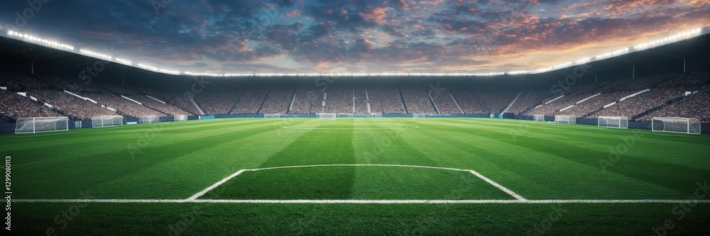 Fototapeta premium Vibrant Soccer Stadium View with Green Field and Glowing Lights at Dusk