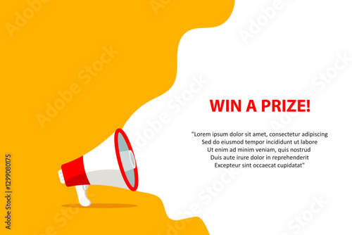 Win a prize, banner with megaphone. Win a prize speech bubble banner. Vector illustration for retail shopping online marketing template, banner, poster, and background.