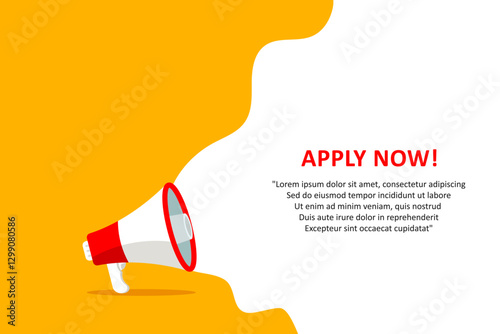 Apply now banner with megaphone. Apply now speech bubble banner. Vector illustration for retail shopping online marketing template, banner, poster, and background.
