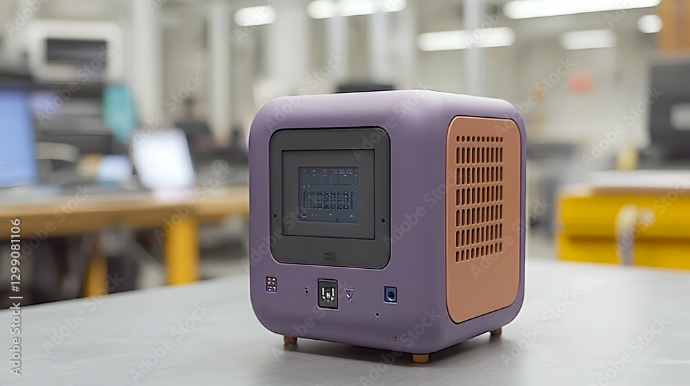 Fototapeta premium Purple cube tech device on table, office background, showcasing its features, for tech blogs and websites