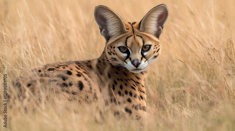 Sleek Serval prowling through the tall African grass its large ears twitching sharp eyes focused as it prepares to pounce on its prey Sleek Serval prowling through the tall African grass its large ears twitching sharp eyes focused as it prepares to pounce on its prey