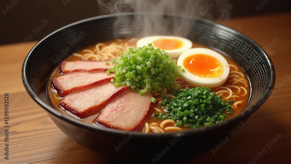 A delicious bowl of ramen with slices of chashu pork, soft-boiled eggs, and green onions, steam rising from the broth. Generative, AI, A delicious bowl of ramen with slices of chashu pork, soft-boiled eggs, and green onions, steam rising from the broth. Generative, AI,