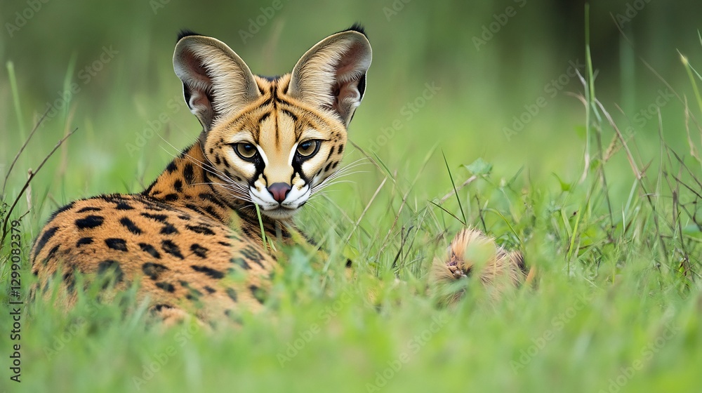 Obraz premium Sleek Serval prowling through the tall African grass its large ears twitching sharp eyes focused as it prepares to pounce on its prey