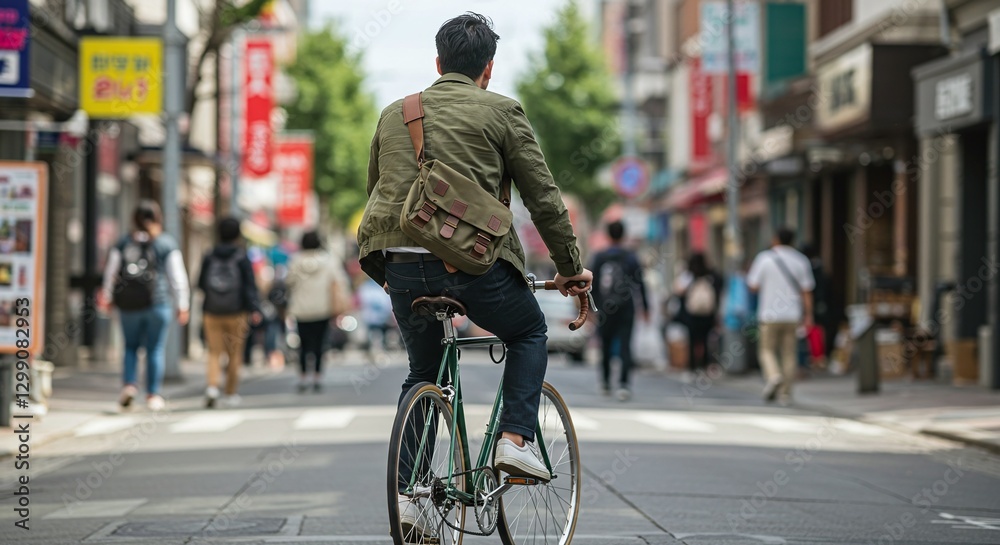 Fototapeta premium A cyclist rides through a busy urban street, navigating past people and shops, embracing the fast-paced energy of city life.