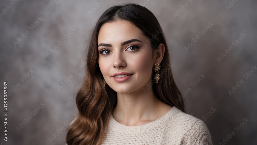 Naklejka premium Attractive Woman with Long Brown Hair and Elegant Earrings Smiling Delightfully