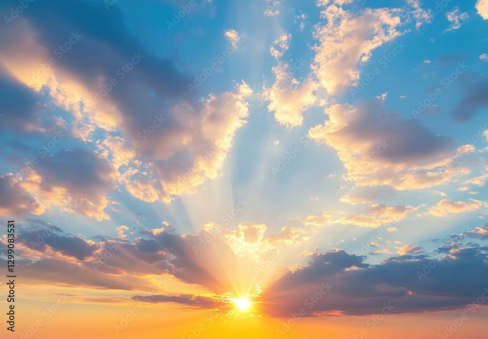 Fototapeta premium Stunning Sunset with Vibrant Colors and Dramatic Cloud Patterns Illuminating the Sky at Dusk Over a Serene Landscape Background
