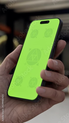 Wallpaper Mural GREEN SCREEN CHROMA KEY Person holding a smartphone in a cozy cafe with modern interior design, wooden furniture, and natural daylight ambiance Torontodigital.ca