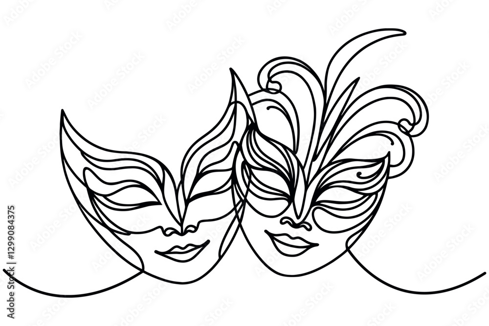 Naklejka premium Carnival feather masks single line art drawing. Black and white elegant modern vector design element isolated