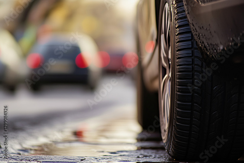 Close-up of tire treads on a parked car with background cars out of focus photo