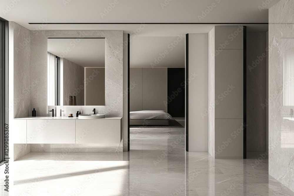 Modern minimalist-style bathroom with a double vanity, mirrors, and natural light. White cabinets, marble floors, and black accents. The scene includes an open door leading to the bedroom in the backg Modern minimalist-style bathroom with a double vanity, mirrors, and natural light. White cabinets, marble floors, and black accents. The scene includes an open door leading to the bedroom in the backg