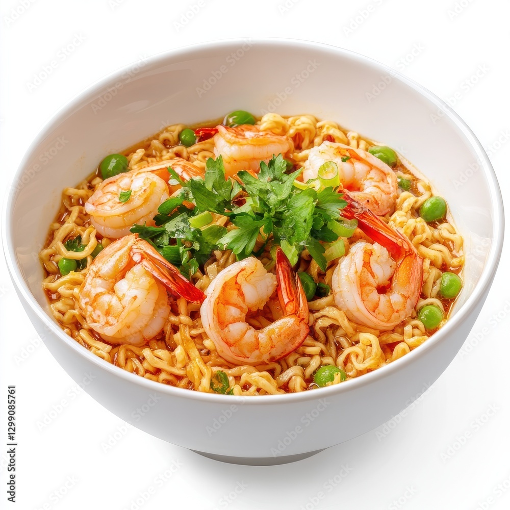 Shrimp ramen in white bowl on white background Shrimp ramen in white bowl on white background