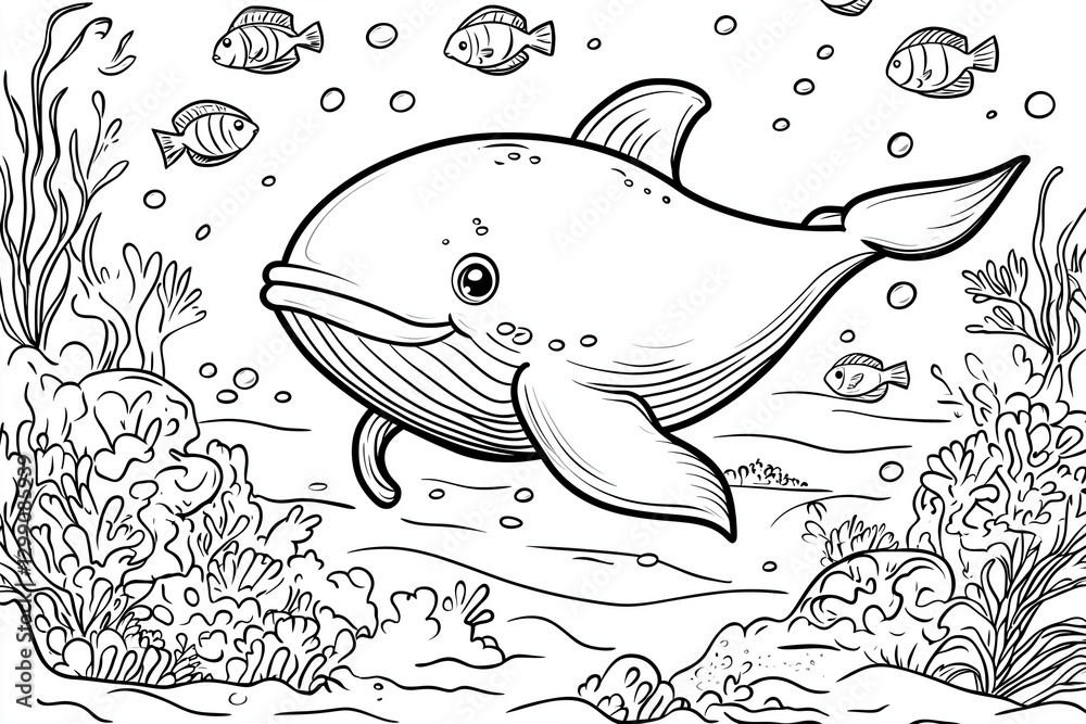 Obraz premium Cartoon whale swimming underwater with smaller fish for coloring book pages
