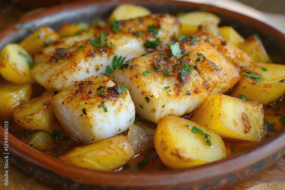 Rustic Portuguese bacalhau with golden fish, tender potatoes, onions, and fresh parsley Rustic Portuguese bacalhau with golden fish, tender potatoes, onions, and fresh parsley