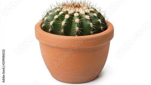 Small Round Cactus In Terracotta Pot Against White Background