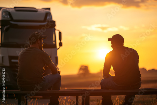 Fototapeta Naklejka Na Ścianę i Meble -  Two adult male truckers resting at sunset with trucks in the background, freight transportation