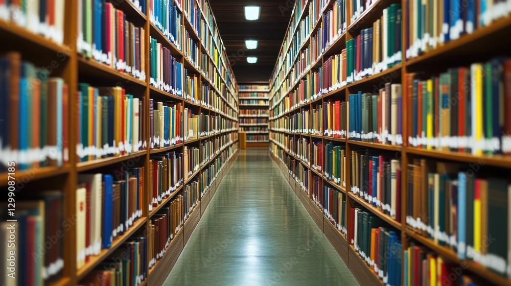 Library aisle lined with books, scholarly atmosphere Library aisle lined with books, scholarly atmosphere
