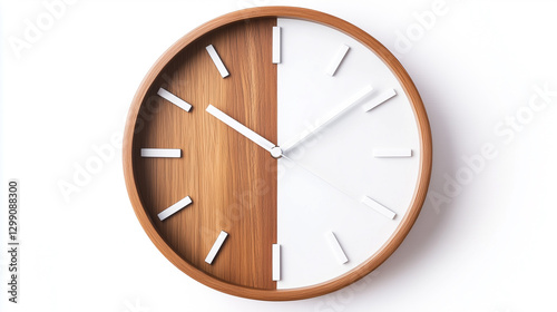 A dual tone wall clock with a half wooden, half metallic face, bold white hour markers, and contrasting hands on a white background.