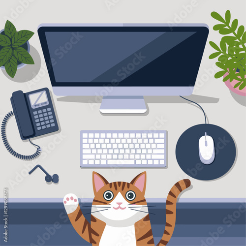 Study work desk top view with computer and mouse vector cartoon illustration. Calling phone near monitor and keyboard on table and cat paw. Earphone and plant illustration design on workstation