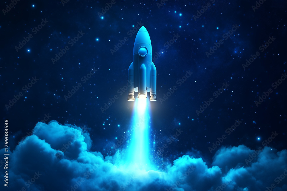 Fototapeta premium Glowing blue holographic rocket launch projection in futuristic style