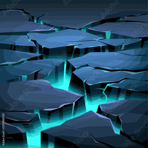 Magic glow in ground cracks, blue mysterious glowing texture in cracking holes or ruined land surface. Destruction, energy split, damage fissure effect, frozen water, Realistic 3d vector isolated set