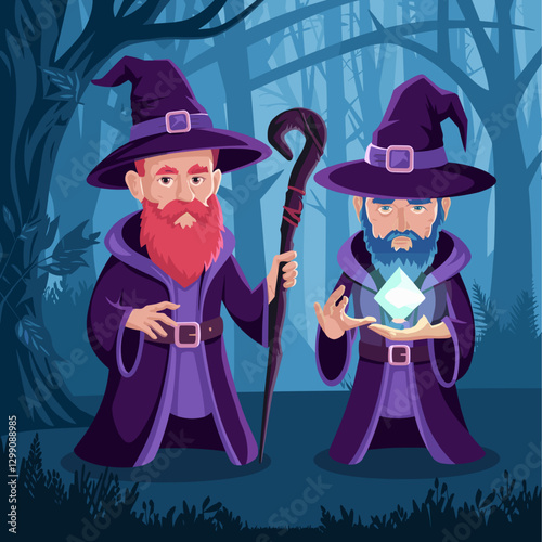 Mystical sorcerer with witchcraft powers - cartoon vector set of two male magician characters. Old man with red beard in long robe with purple hat and staff, and warlock with mystery light in hands.