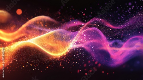 Abstract digital particles flowing in vibrant hues on a dark background photo