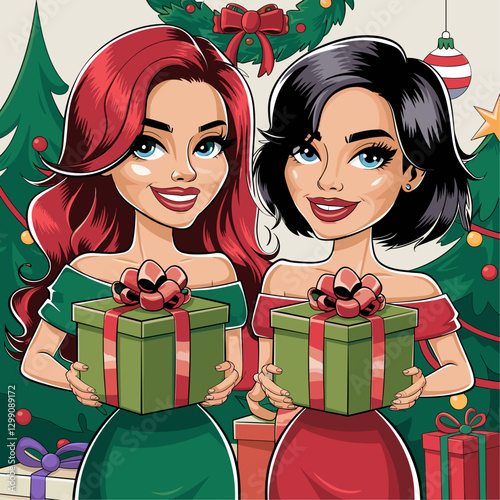 Women hands hold wrapped gift boxes decorated with ribbon and bow. Green and red present packages in receiver arms. Cartoon vector illustration set of Christmas congratulation or giveaway concept.