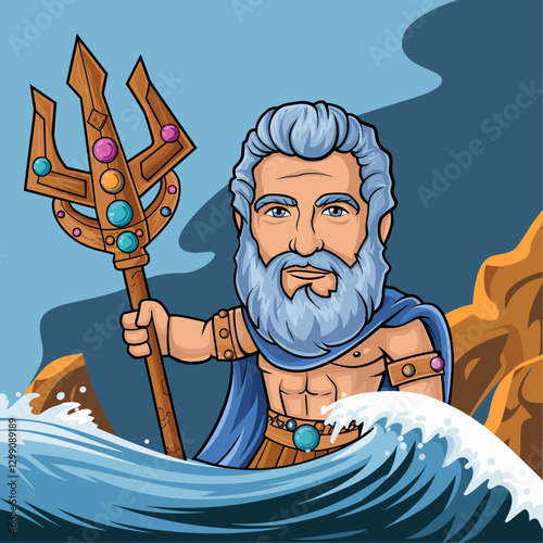 Poseidon or Neptune magic fantastic trident made of wood and metal. Cartoon vector illustration set of mythology harpoon or pitchfork decorated with gemstones for nautical god with magic power.