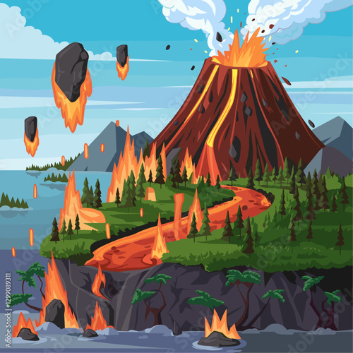 Volcano eruption with lava flow. Vector cartoon illustration of prehistoric volcanic island, hot magma pouring from crater, fire burning in forest, hot stones falling on ground, natural disaster