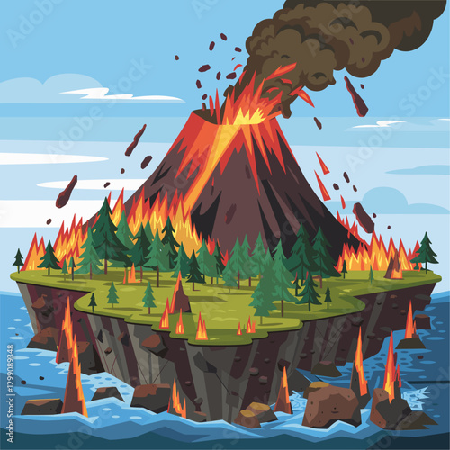 Volcano eruption with lava flow. Vector cartoon illustration of prehistoric volcanic island, hot magma pouring from crater, fire burning in forest, hot stones falling on ground, natural disaster