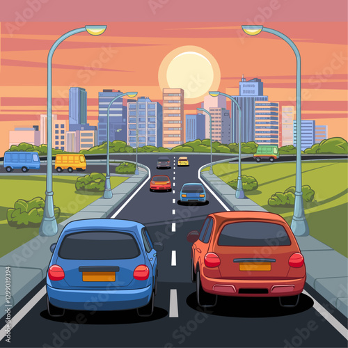 Road leads to downtown area with multistorey buildings at sunset or sunrise. Cartoon landscape with cars driving into city on asphalt highway with streetlights. Cityscape with skyscrapers and vehicles