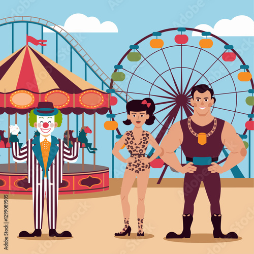 Retro circus actors in theme park. Vector cartoon illustration of clown, female tamer with tiger and strongman in vintage costumes inviting guests to funfair carousel, ferris wheel, roller coaster