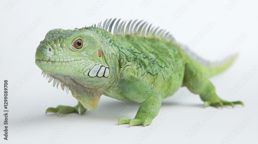 Fototapeta premium Green iguana standing alert on a clean white studio background under bright even lighting.