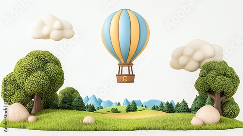A Whimsical Journey 3D Rendered Hot Air Balloon Above Miniature Landscape